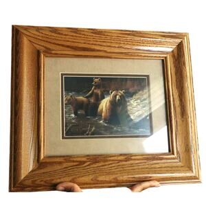Vintage 70s 80s Bear Art Oak Wood Framed Deep Well Print 3 Bears in Creek River